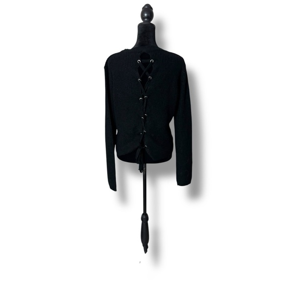 Ambiance Apparel Black Cable Knit Crewneck Long Sleeve Lace Up Back Sweater - Picture 3 of 15